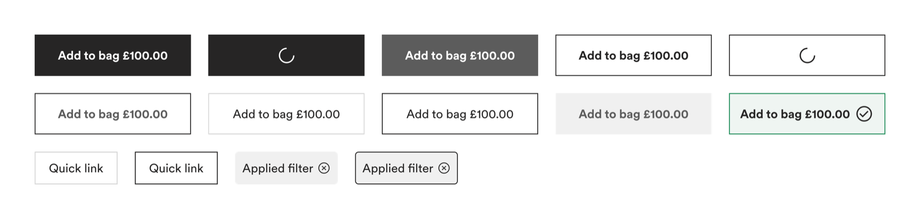 The button component set: primary, secondary and tertiary in every state.