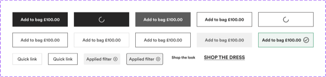 The button component set: primary, secondary and tertiary in every state.