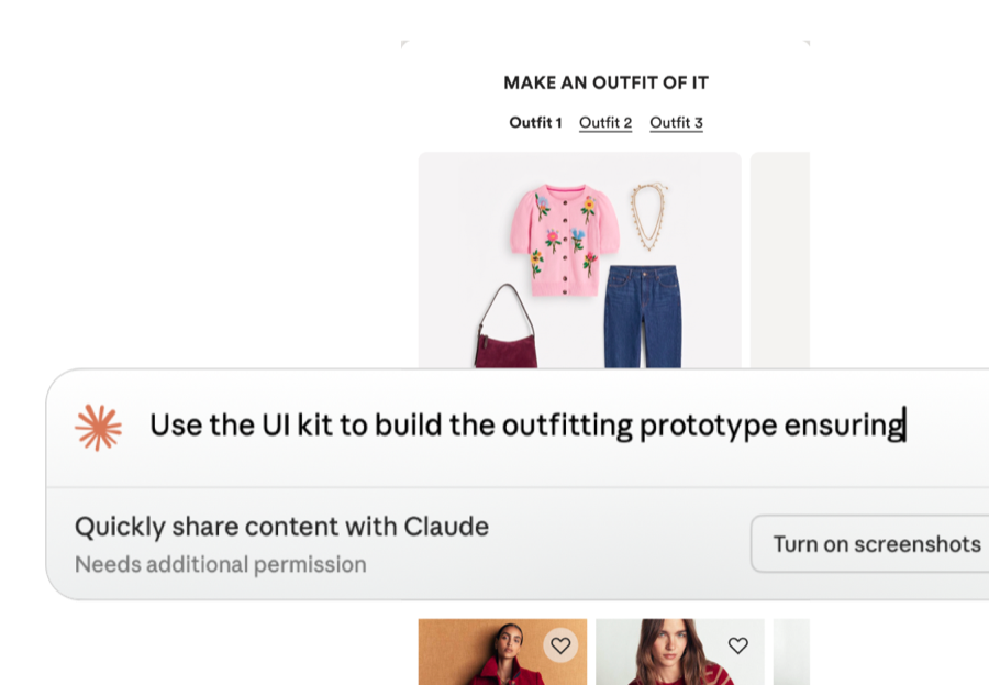 The outfitting prototype being built in code from the UI kit, with the instruction to Claude visible over the screen it is building.